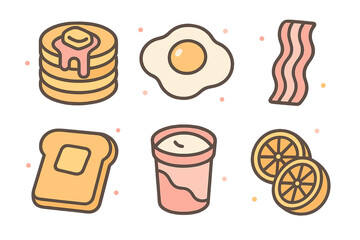 Popular breakfast foods assortment including pancakes, fried egg, bacon, and toast