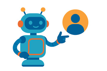 Blue robot chatbot pointing at a generic user profile avatar icon for customer support and digital assistance