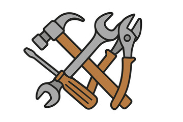 Crossed construction and repair tools including hammer, wrench, screwdriver, and pliers