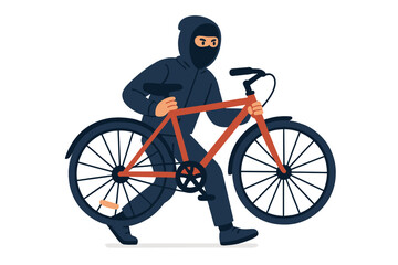 Obraz premium Masked burglar running away quickly with a stolen red and blue bicycle