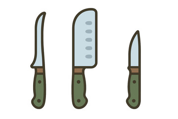Set of three essential kitchen knives: chef knife, boning knife, and utility knife with green handles