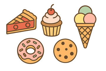 Assortment of baked goods and frozen desserts including pie, cupcake, donut, cookie, and ice cream