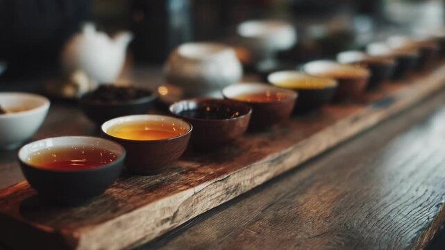 Row of small ceramic teacups filled with different teas on a wooden tea-tasting board.