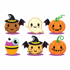 Obraz premium Cute Halloween Character Icon Set: Kawaii Witch, Ghost, Pumpkin, and Monster Cupcake