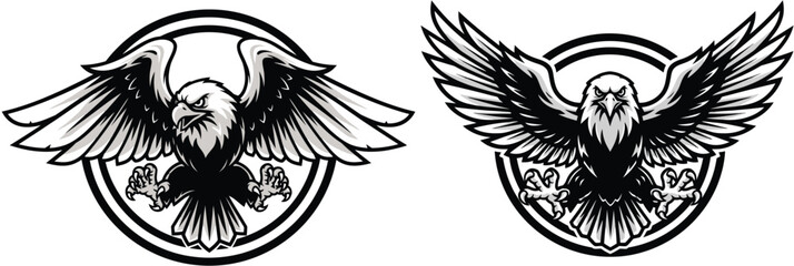 Two eagle emblems with outstretched wings inside circular borders in black and white.