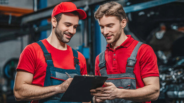 Two technicians, in overalls, inspect repair records. Professional collaboration for vehicle maintenance and service in a garage setting.