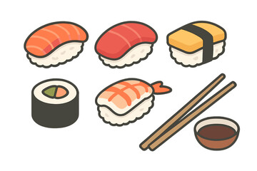 Traditional Japanese nigiri sushi and maki roll assortment served with chopsticks and dipping sauce © icon_art