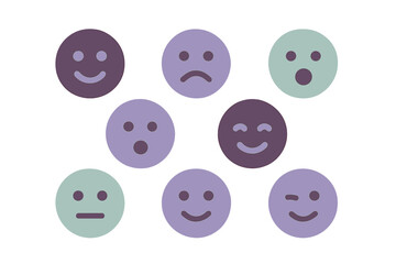 Colorful set of round emoji faces displaying various human emotions and moods