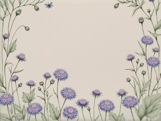Hand Inked Border of Devil&rsquo;s Bit Scabious Flowers