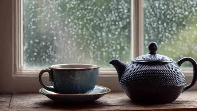 A dark textured teapot sits beside a blue cup and saucer on a wooden windowsill, with rain beading on the window.