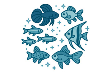 Stylized freshwater fish collection including betta and angelfish swimming in a circular pattern