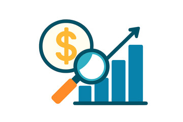 Magnifying glass analyzing financial bar chart with dollar sign showing market growth