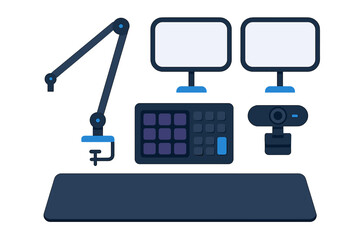 Modern desk setup for content creation featuring dual screens, control surface, and webcam