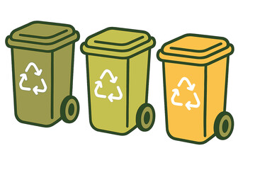 Three colored recycling bins with wheels for waste separation and environmental protection