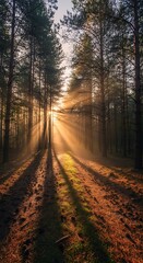 Sunlit Path Through the Forest - A Serene Morning Scene.