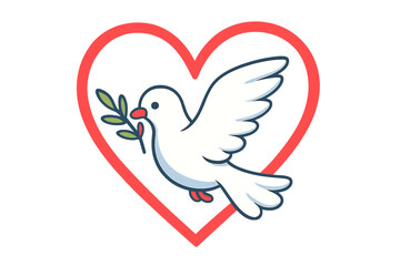 Cartoon white dove carrying an olive branch inside a vibrant red heart outline
