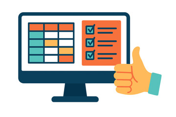 Digital screen showing a spreadsheet and completed task list with a positive hand gesture for achievement