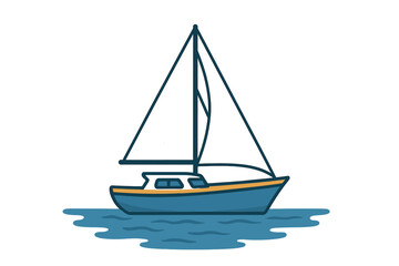 Blue sailboat sailing on the water with white sails and a tall mast