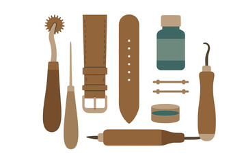 Essential tools and components for crafting custom leather watch straps: awl, stitching wheel, and dye