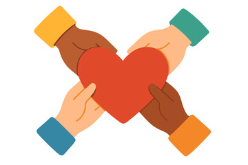 Diverse hands holding a large red heart symbolizing unity and global partnership