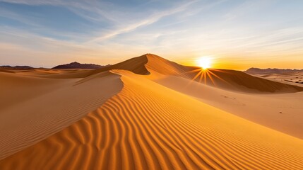 Desert Sunrise: Golden Light on Sand Dunes, Nature Photography, Travel and Adventure, Scenic Landscape