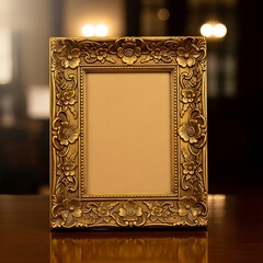 Ornate Gold Picture Frame on Wooden Table - Vintage Decor.