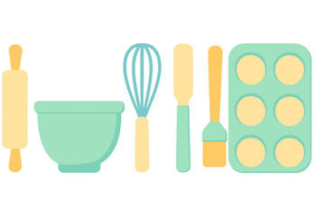 Essential kitchen baking tools set including rolling pin mixing bowl whisk spatula and muffin tray