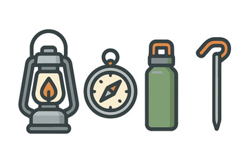 Classic camping lantern, magnetic compass, reusable water bottle, and tent peg outdoor gear