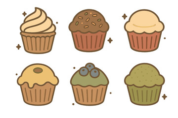 Collection of six cute stylized sweet baked goods with various toppings and flavors
