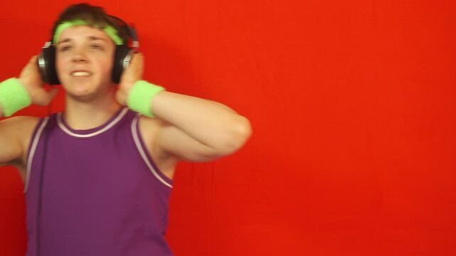 Retro style. A man doing fitness exercises.