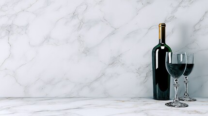 countertop. Elegant wine bottle and crystal-clear glasses on marble countertop with golden lighting. bar promotions, beverage menus, designed for food & beverage menus and cafe branding.