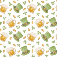 Seamless St Patrick Day Watercolor Pattern with Beer, Green Hats, Clovers and coins