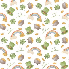 Seamless St Patrick Day Watercolor Pattern with Rainbow, Green Hat, Pot of gold, Clovers and coins