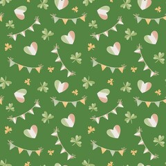 Seamless St Patrick Day Watercolor Pattern with Irish Girlands, Heart and shamrock