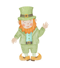 Watercolor Leprechaun Clipart for St Patrick Day Design, isolated on transparent background