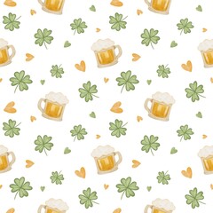 Seamless St Patrick Day Watercolor Pattern with Beer, Green Clovers and hearts