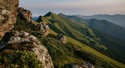 Rolling green hills with rocky outcrops, panoramic mountain landscape, serene nature, copy space