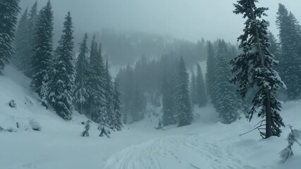 Snowy evergreen forest with a snow-covered trail winding between tall trees under a misty, wintry sky. - Powered by Adobe