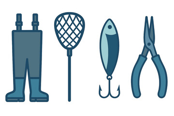 Essential fishing equipment set including waders, landing net, lure, and pliers