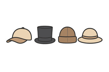 Collection of various hats and headwear styles: baseball cap, top hat, beanie, sun hat