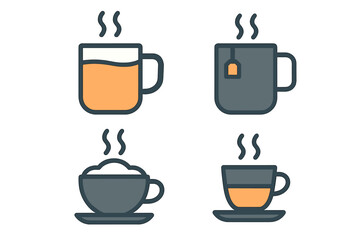 Four stylized graphics representing various hot beverages including coffee, tea, and cappuccino