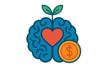 Brain with heart, sprouting plant, and dollar coin symbolizing mental health, personal growth, and financial investment