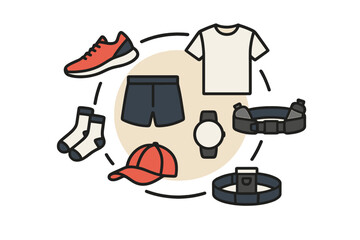 Essential running gear and athletic accessories organized in a circular layout