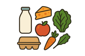 Assortment of essential grocery items like milk, cheese, apple, carrots, and leafy greens