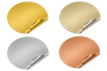 Gold label sticker tag. Golden silver round vector icon. Hologram coin prize seal, metal price stamp badge. Circle sale emblem design, banner bronze plate. Isolated on transparent background, png