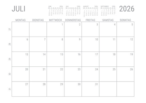 Juli 2026 Monat Kalender Monatskalender Kalenderblatt Kalendarium mit Kalenderwoche Planer DIN A4 Deutsch	