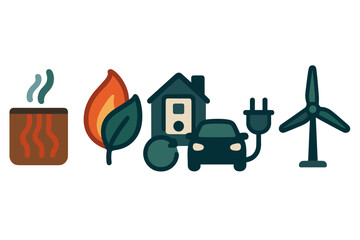 Sustainable energy and eco-friendly lifestyle concepts including geothermal, biofuel, electric car, and wind power