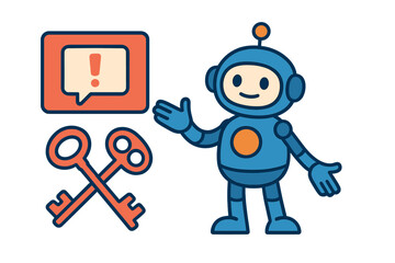 Friendly blue robot presenting security keys and important notification message bubble
