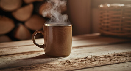 Steaming cup of coffee on rustic wooden table, cozy atmosphere, warm sunlight, copy space