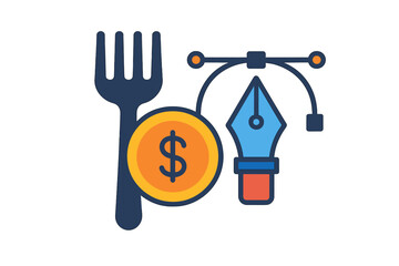 Creative design pricing concept with fork, dollar coin, and digital pen tool icon